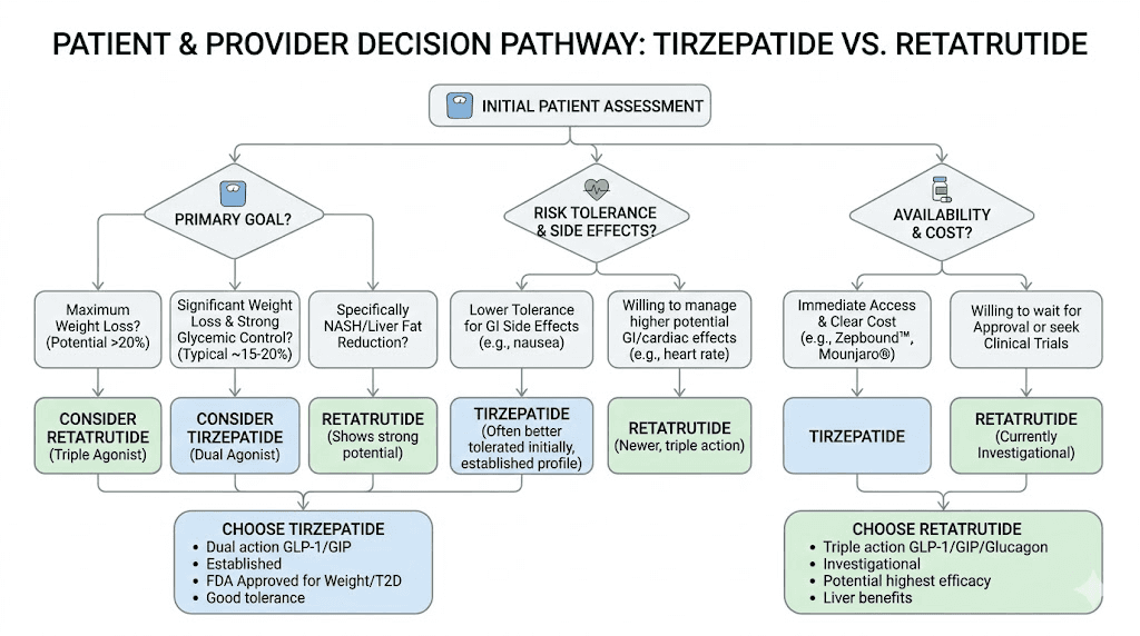 Decision guide flowchart for choosing between tirzepatide and retatrutide