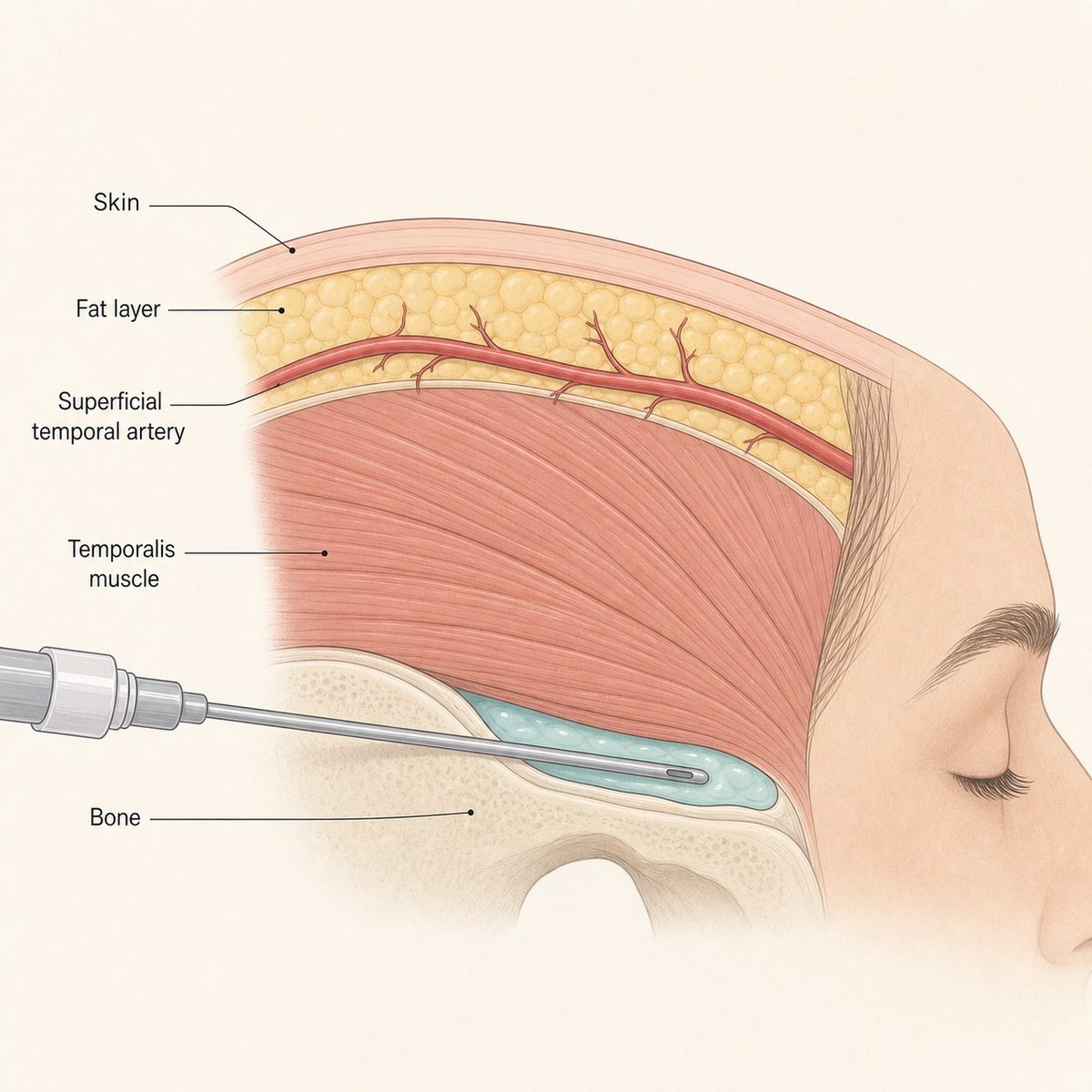 Cross-section of the temple showing tissue layers, the superficial temporal artery, and a deep filler injection plane near bone