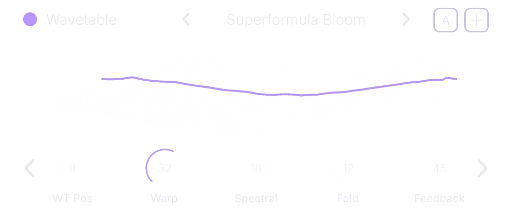 Wavetable engine: Superformula Bloom table, WT Pos mid-sweep, Warp and Fold modulated