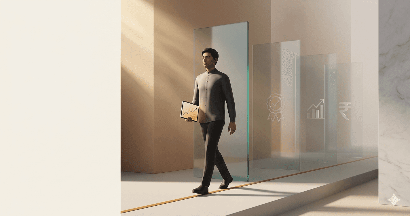 Illustration showing the steps to become a mutual fund distributor in India — NISM certification, ARN registration, and choosing a distribution platform