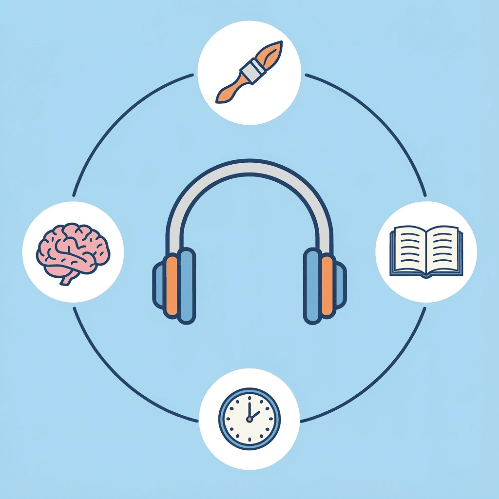 Central hub showing how visual coloring activities connect to memory retention, learning pathways, performance anxiety reduction, and engagement