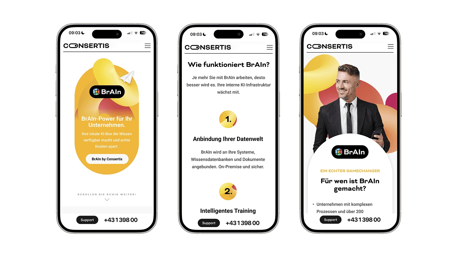 Mobile UI der Consertis Website mit BrAIn Produktdarstellung und Funktionsübersicht