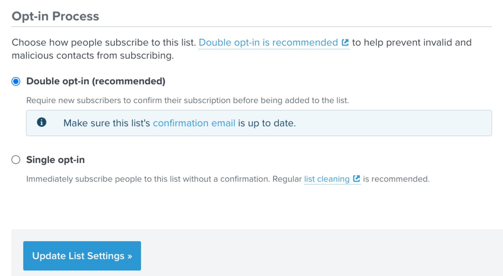 Klaviyo Double Opt-In Confirmation: A settings page from Klaviyo highlighting the double opt-in process to confirm subscriptions and ensure list hygiene.