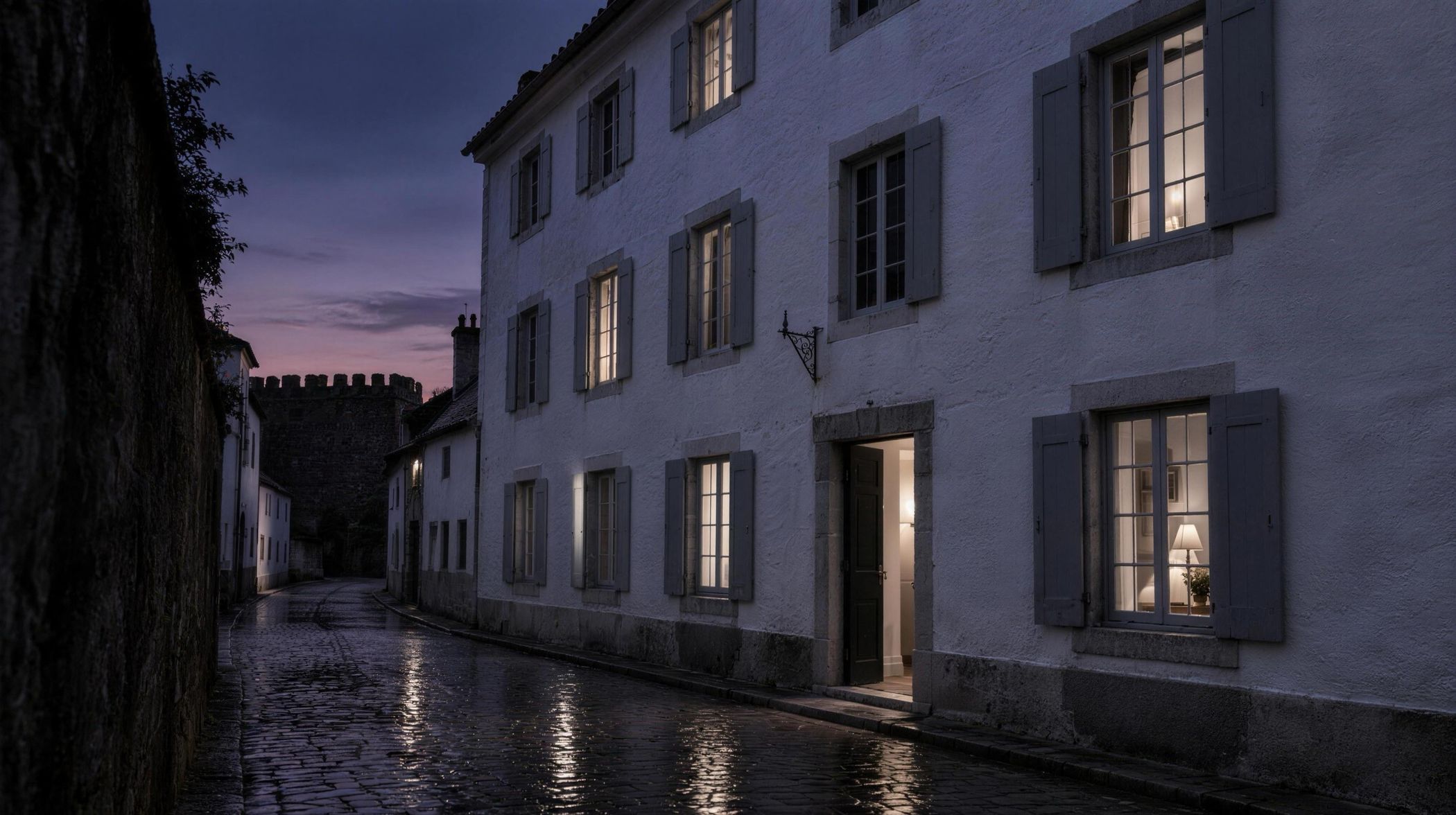 Casa Tarde at dusk, its windows lit, seen up a wet cobbled lane