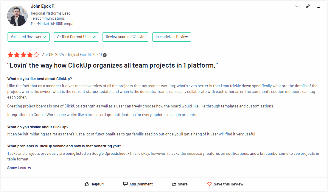 Screenshot of ClickUp user review