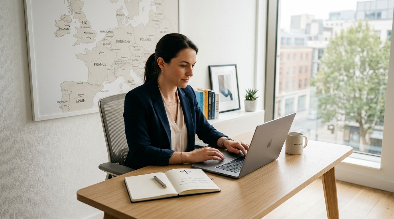 A professional woman in a blazer working on a laptop at a desk in a bright office.
