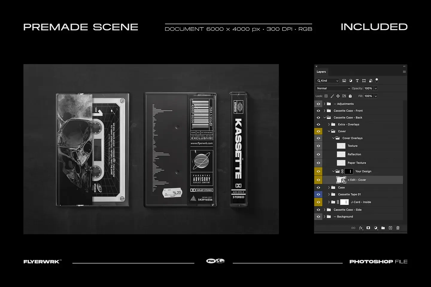 Cassette Case Mockup 02 premade scene with a view of the organized Photoshop layers panel.