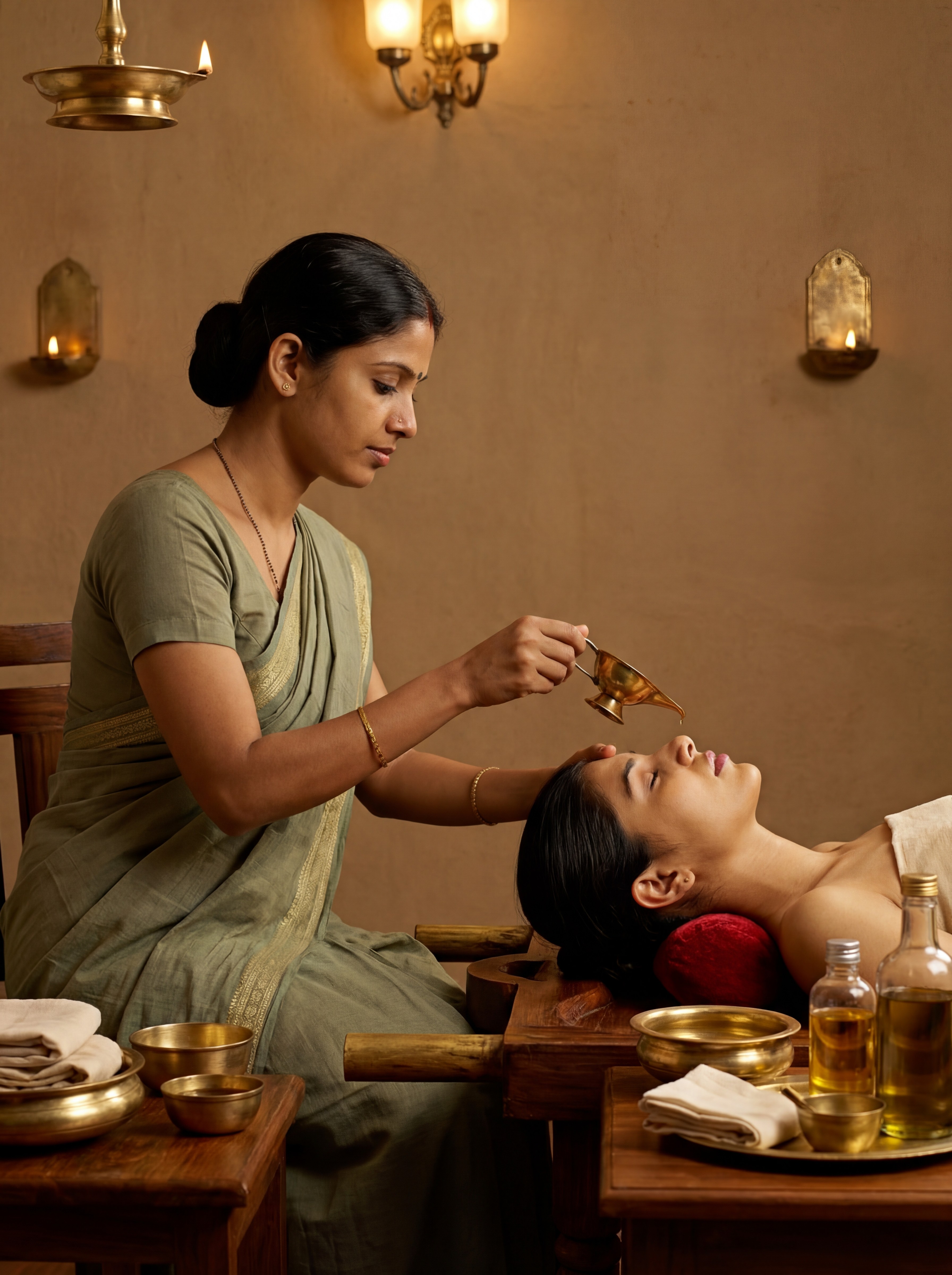 A fully enclosed indoor Ayurvedic therapy room. A female Indian Ayurvedic practitioner wearing muted green traditional attire is seated beside the head of a female patient receiving classical Nasyam. The patient lies supine on a traditional Indian wooden pathi, head gently supported with a cushion and slightly extended. The practitioner supports the patient’s forehead with one hand and uses a small metal Ayurvedic vessel with the other hand to administer medicated herbal oil drop by drop into the nostrils. The patient’s eyes are closed, expression calm and relaxed. Warm, soft ambient indoor lighting, plain enclosed background, no windows, no natural light. Brass bowls and cloths nearby. Atmosphere is precise, intimate, and deeply calming. Realistic, documentary-style classical Ayurvedic photography.