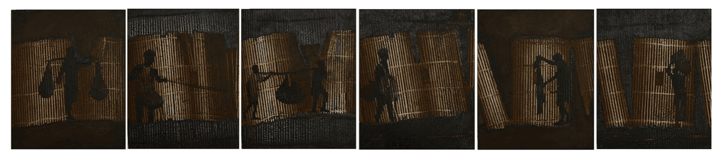 herd of sheep on road painting