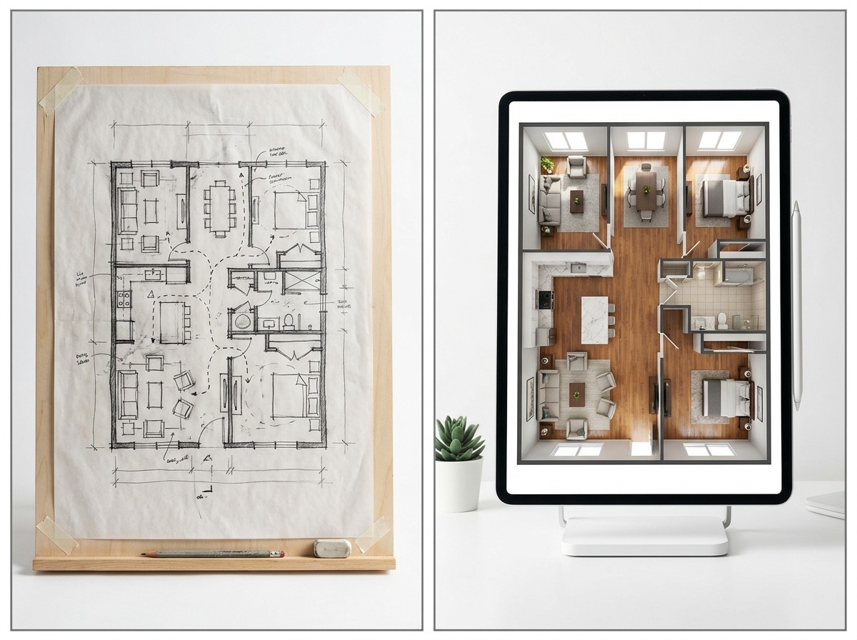 Schematic hand sketch compared to a developed 3D floor plan — the progression from Phase 2 to Phase 3 in FORMM's design process