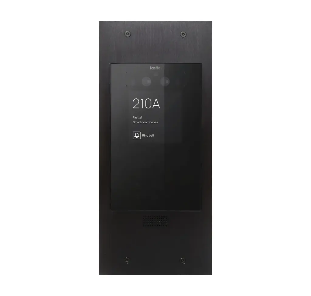 Black smart home device with screen showing time and temp