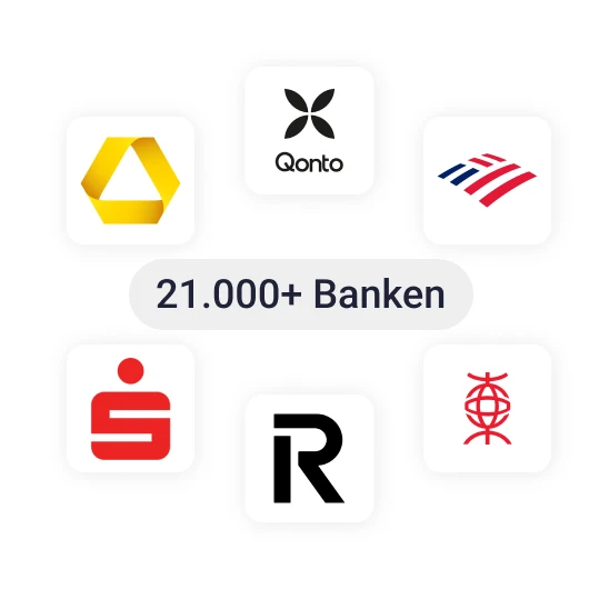 Logos von Banken darunter Commerzbank, Qonto, Bank of America, Sparkasse und Revolut