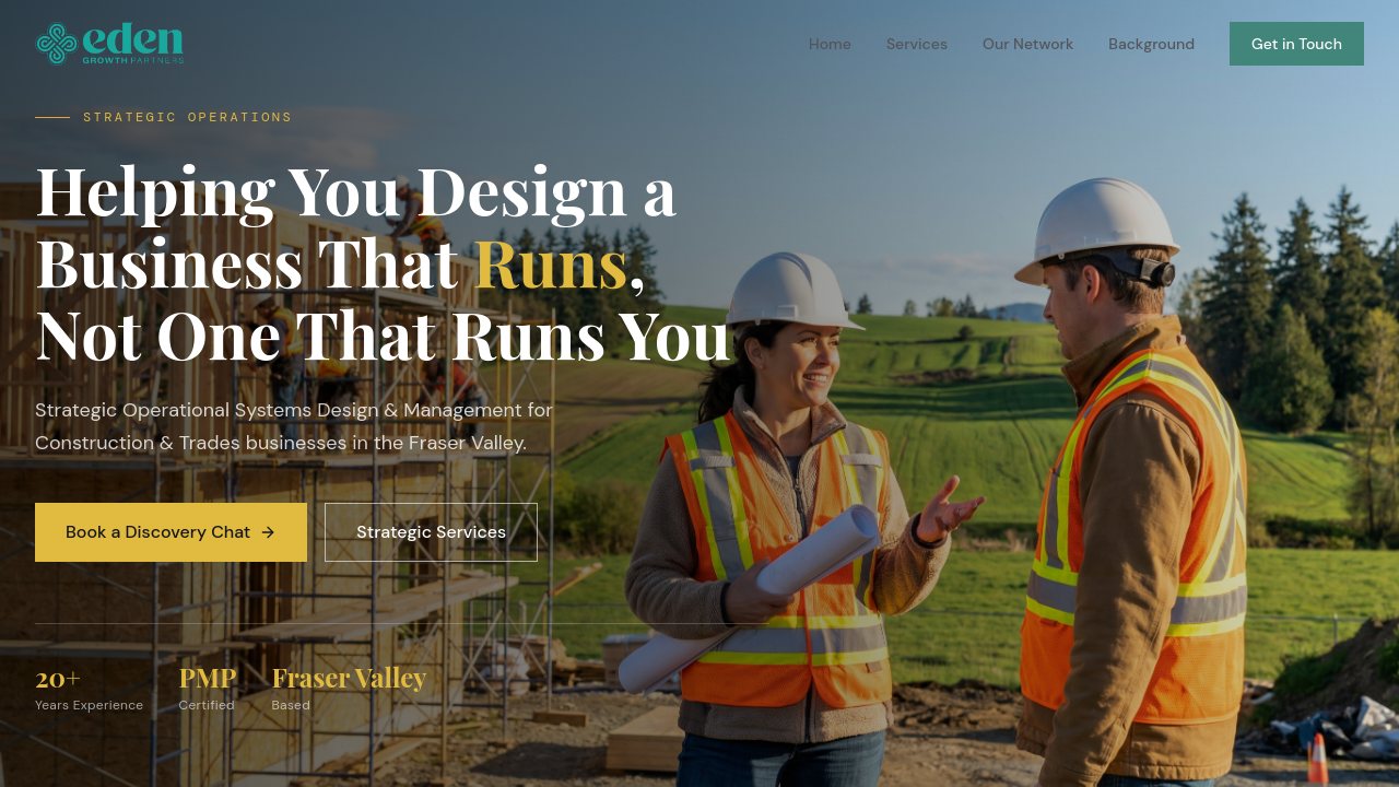 Before: the AI-built Eden Growth Partners homepage, with a stock photo of two construction workers in hard hats and hi-vis vests and the headline Helping You Design a Business That Runs, Not One That Runs You