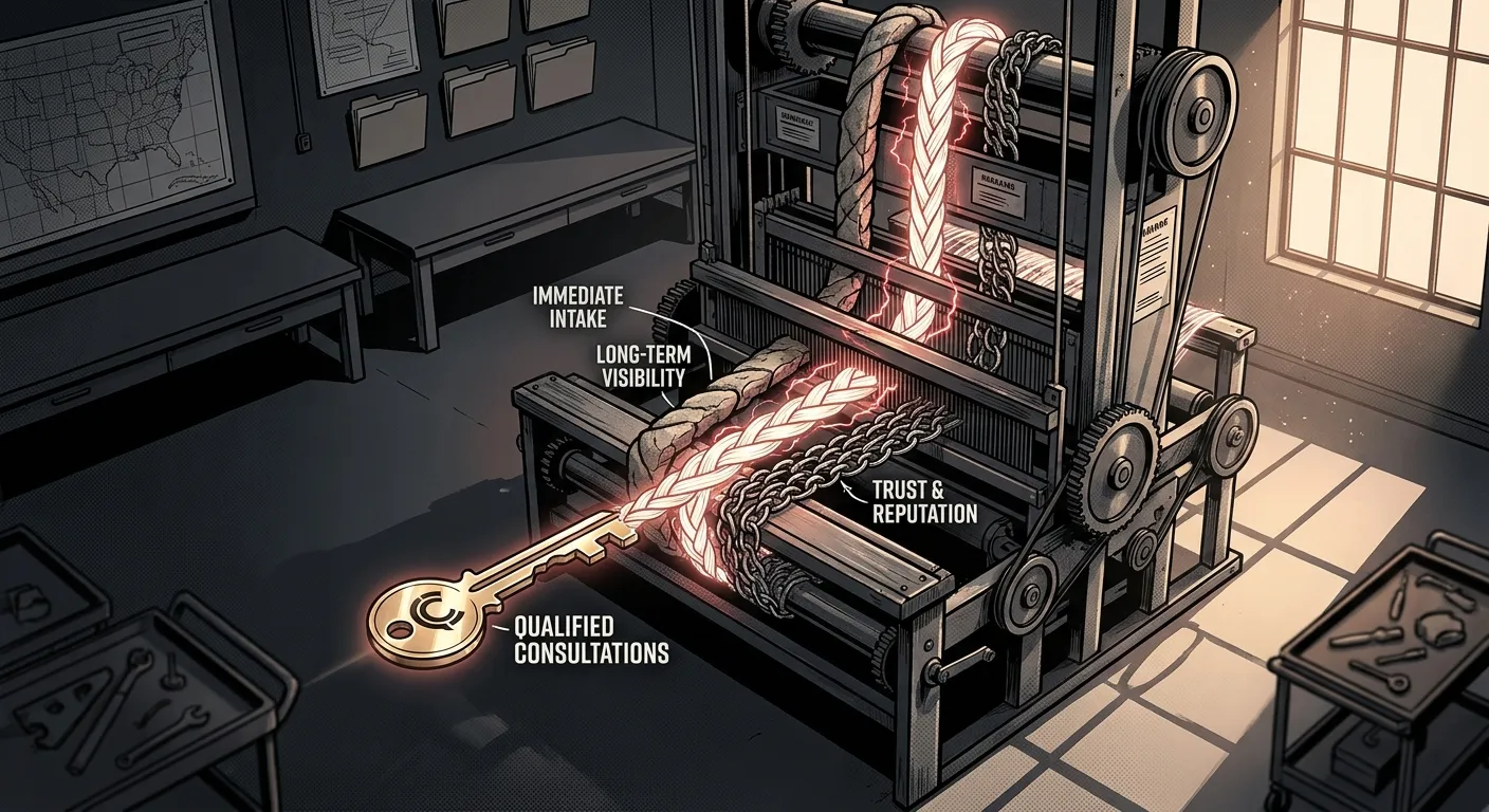 Antique machine weaving glowing strands, symbolizing RockN' Socials Digital Marketing.