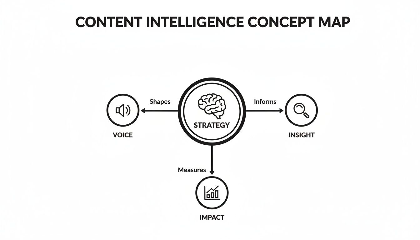 A concept map illustrating content intelligence: Strategy shapes voice, informs insight, and measures impact.