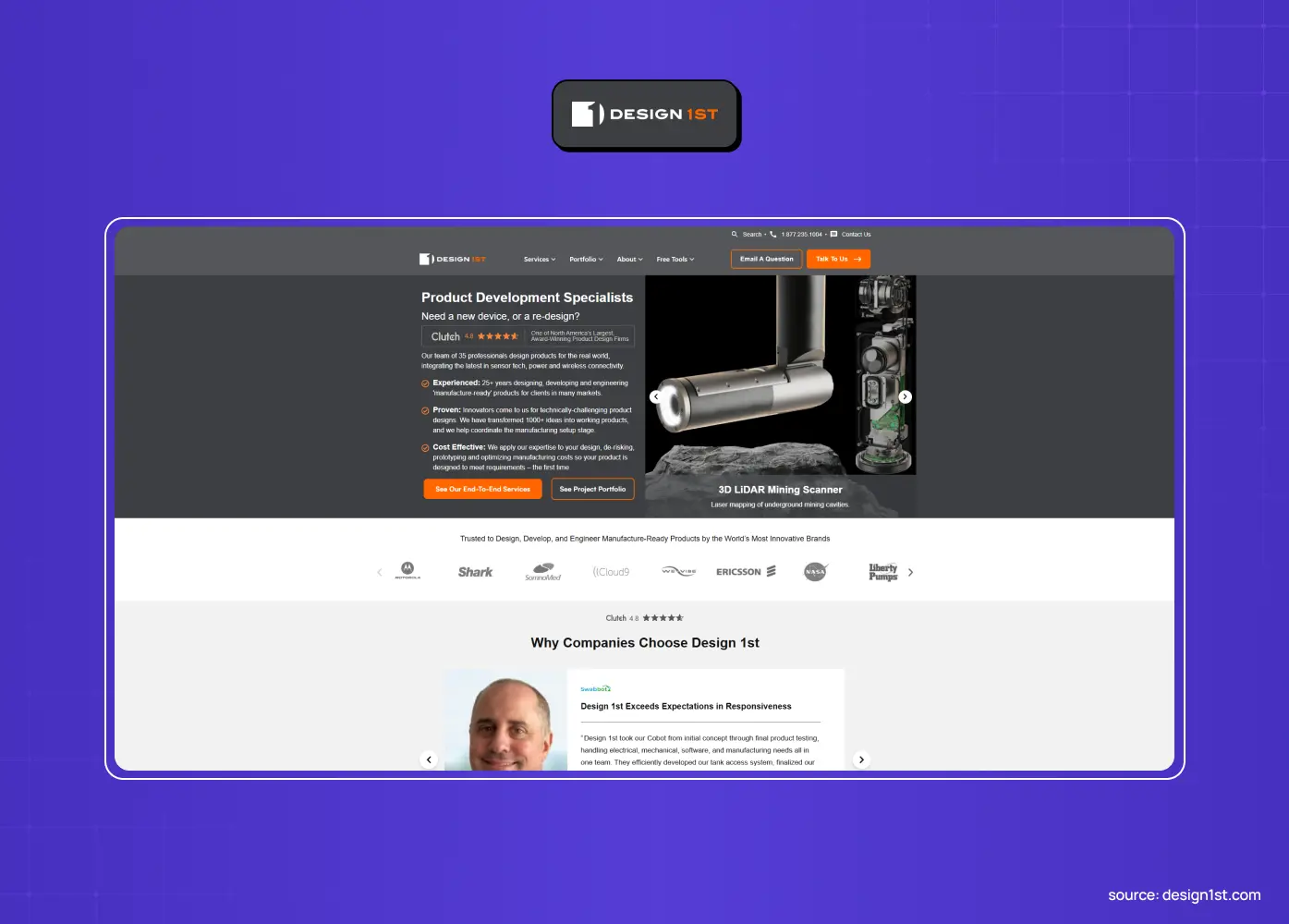 Design 1st website promoting product development services with a 3D LiDAR mining scanner product image and client logos.