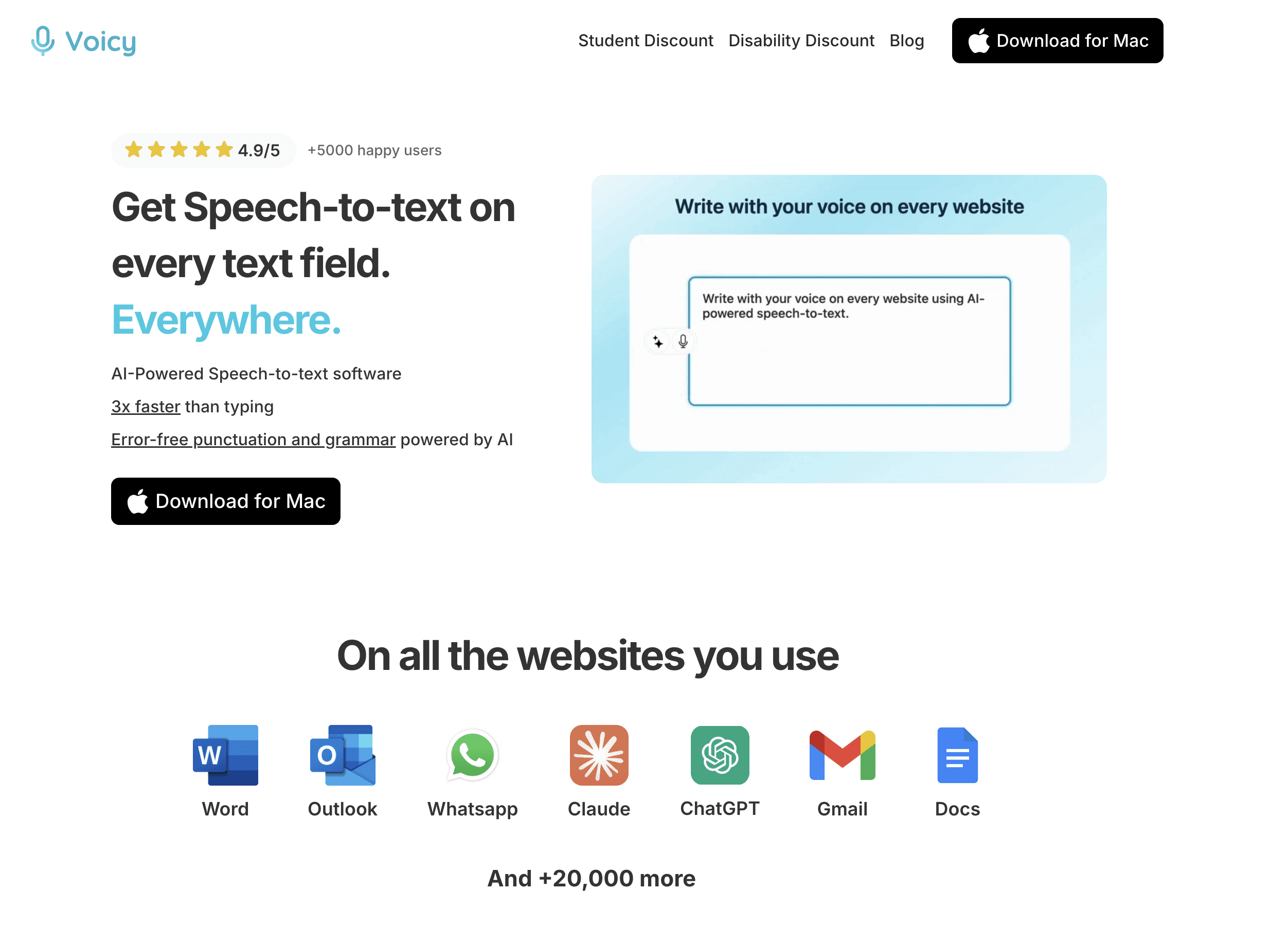 Voicy speech to text homepage site for writing with your voice after surgery
