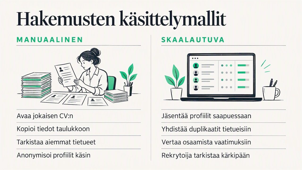 Vertailu rekrytoinnin manuaalisesta ja skaalautuvasta käsittelystä