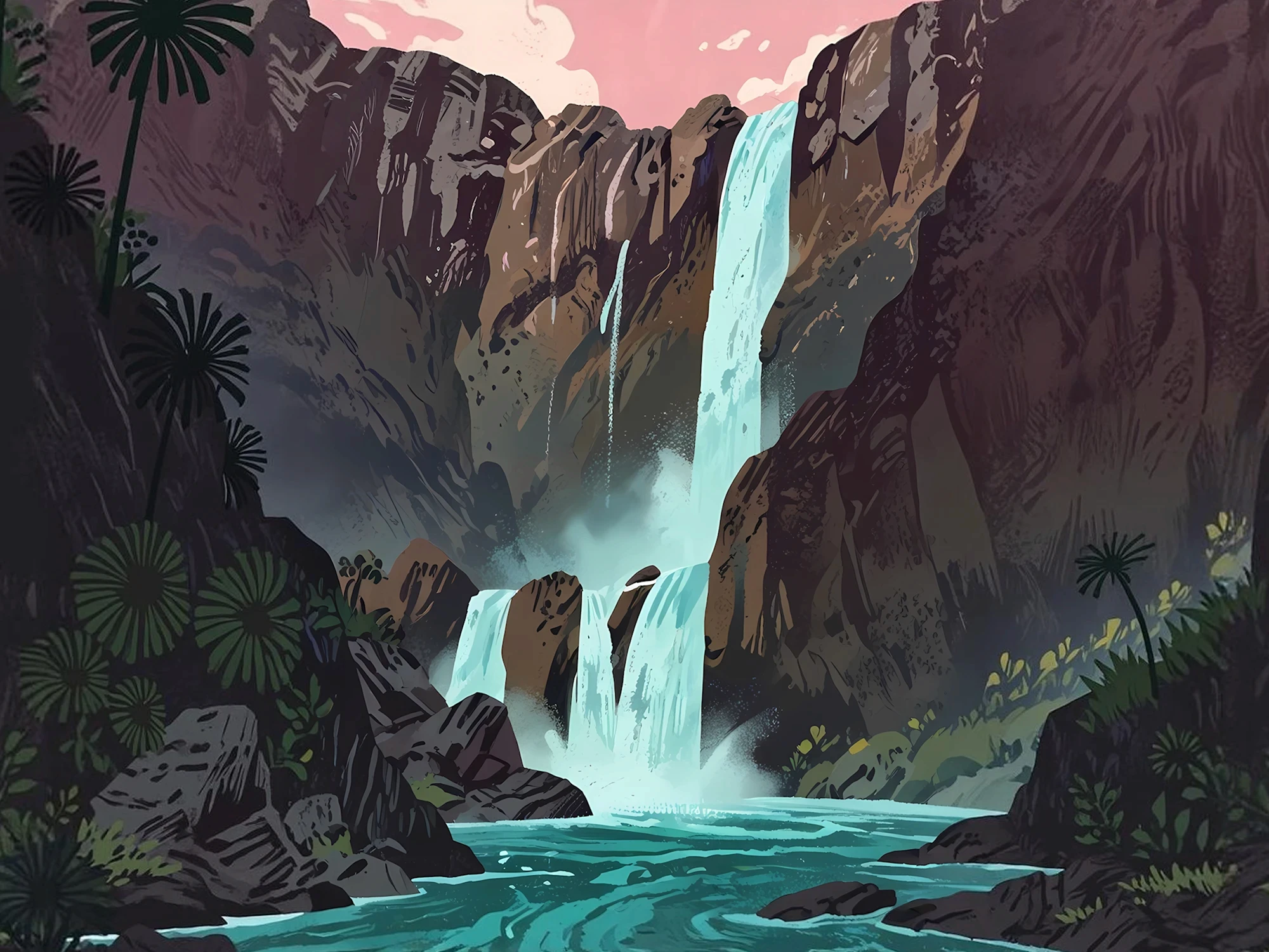 Ilustración de una cascada serena que representa el flujo oculto de las sanciones de nómina en Canadá, que drenan silenciosamente los presupuestos de las pequeñas empresas con el tiempo.