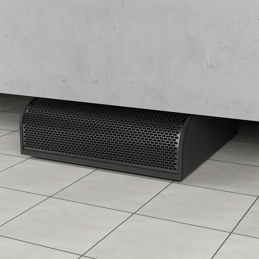 Black perforated grille with rounded edges on tiled floor