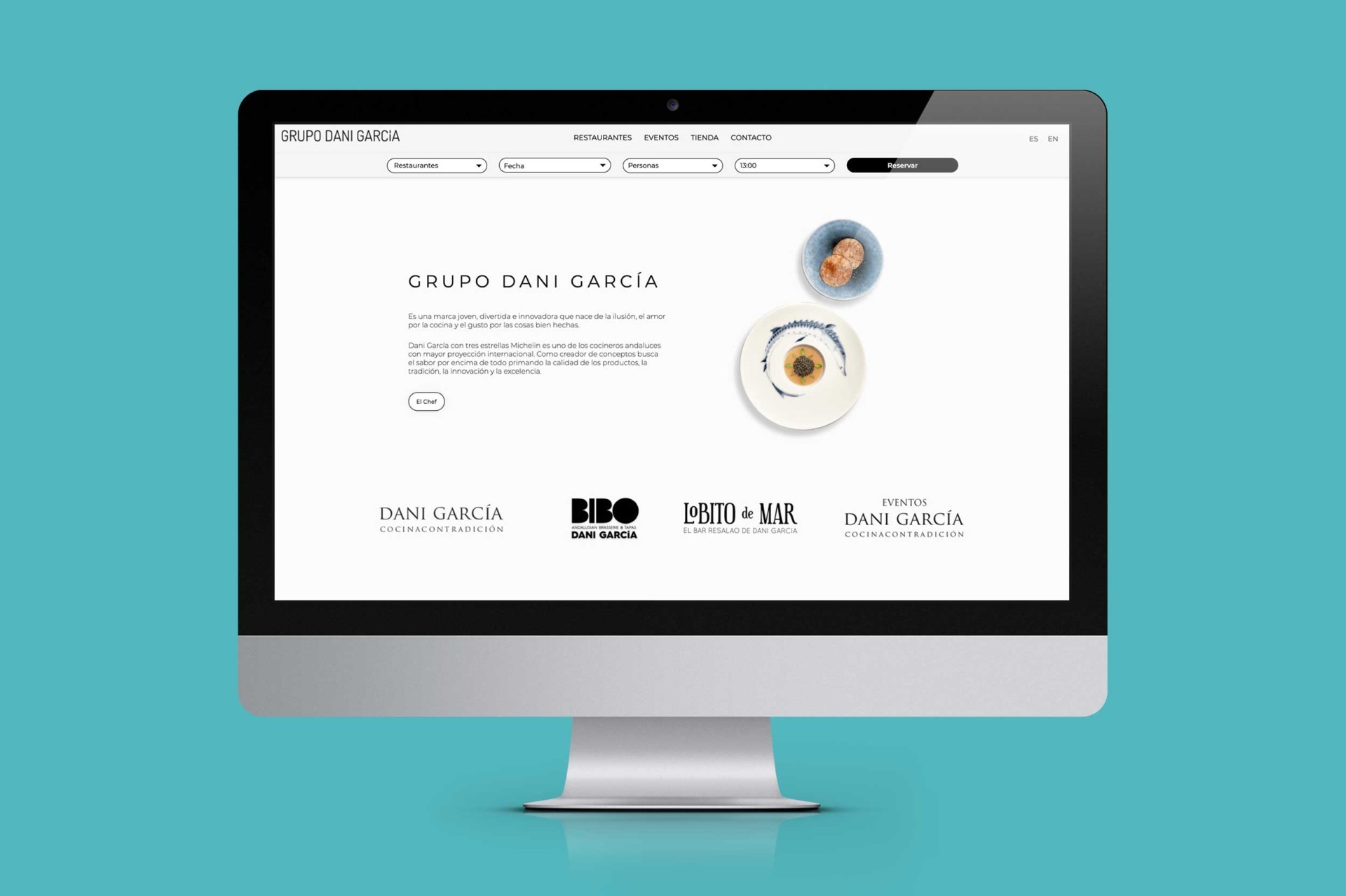Pantalla de computadora mostrando el grupo Dani García, restaurantes y eventos.