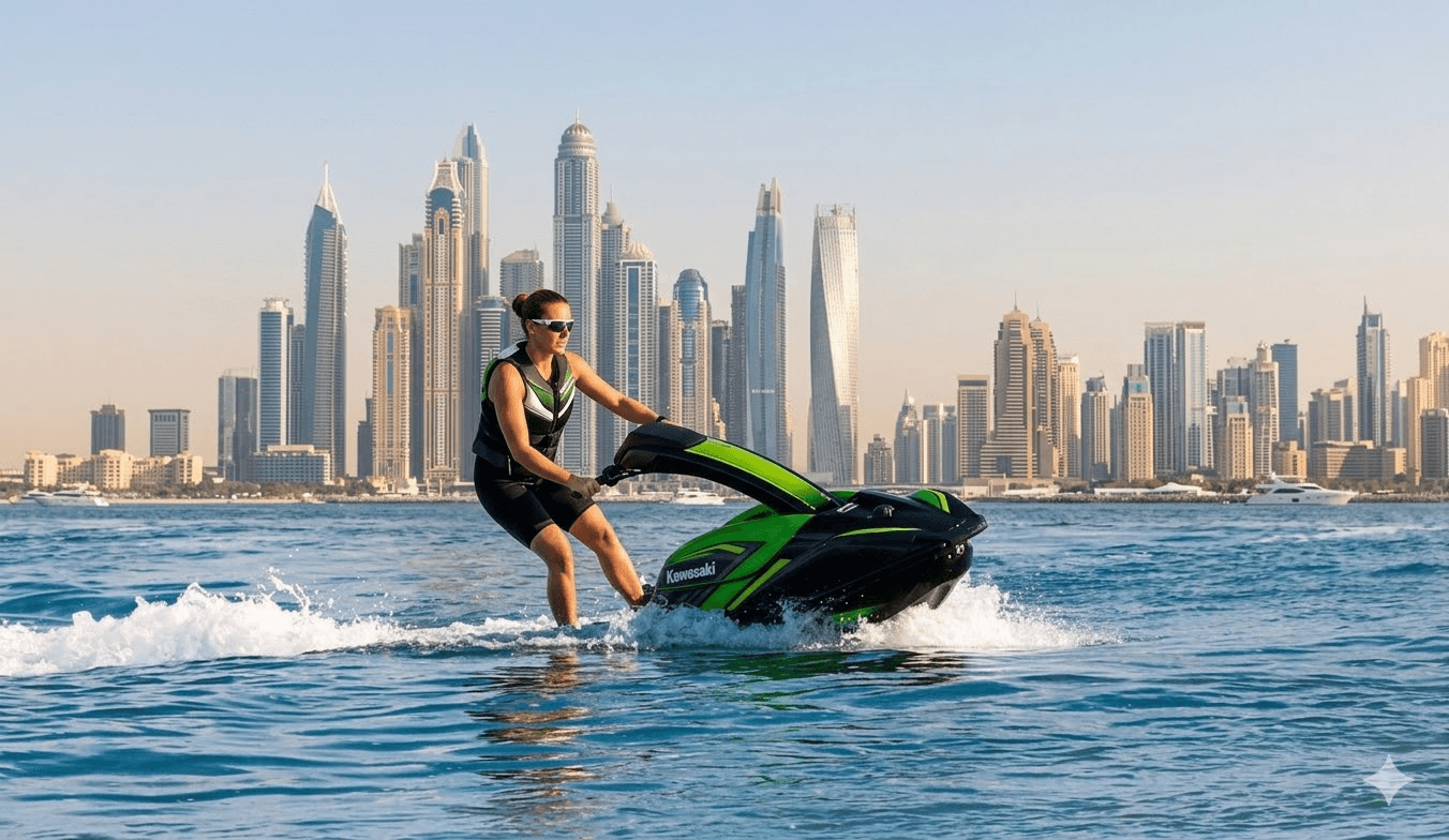A woman in a wetsuit and a life vest is riding a Kawasaki stand-up jet ski.