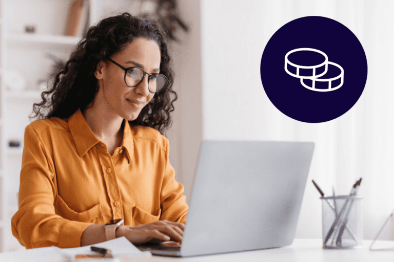 A woman with curly hair in an orange top working at a laptop, with a purple coin icon overlay representing cost savings