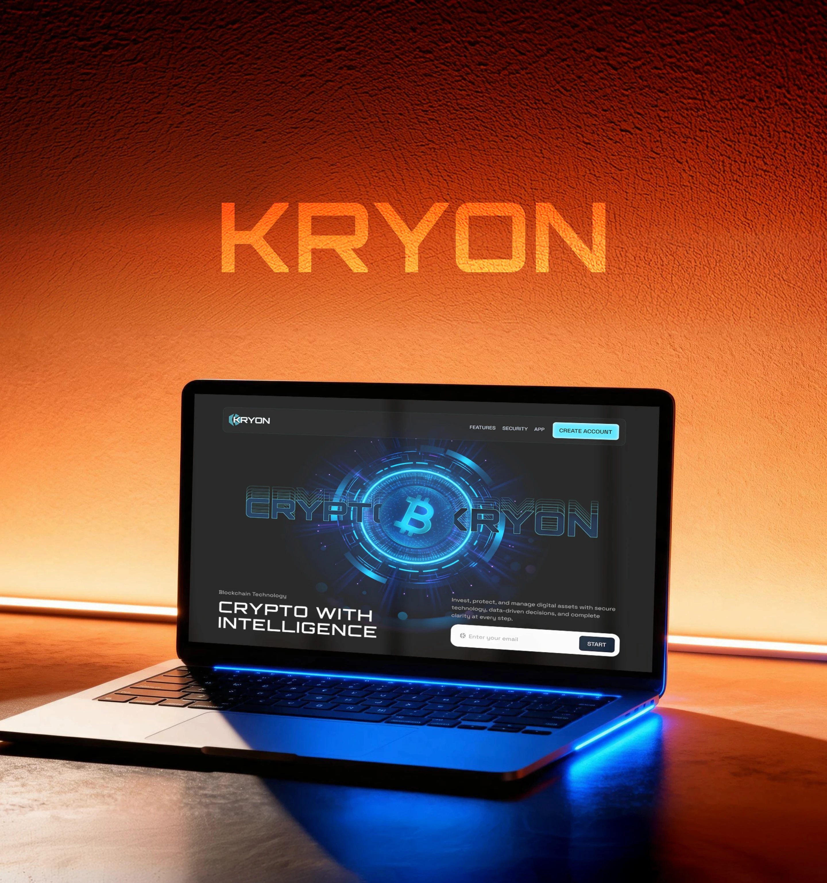 A macbook place on a orange background, with kryon hero page on the screen, tons of blue light are refleting