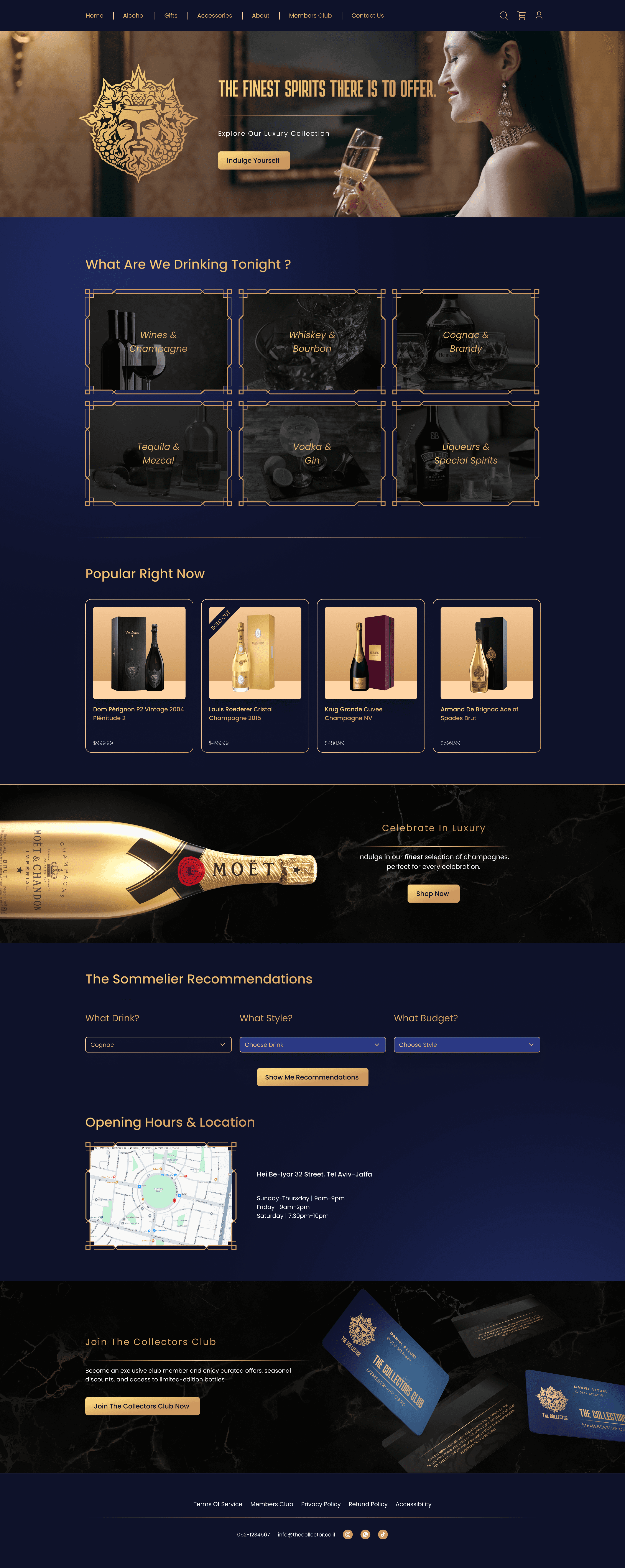 Luxury spirits ecommerce website design featuring premium champagne, whisky collections, and elegant dark navy branding.