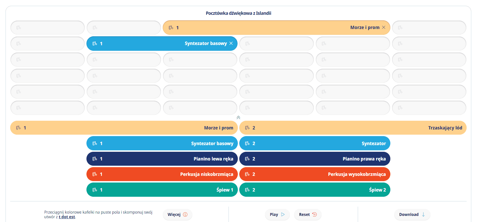 Interfejs pozwala na komponowanie dźwięków poprzez przeciąganie kolorowych kafelków do pustych pól. Dostępne dźwięki to m.in. syntezator, pianino, perkusja i śpiew. Na dole są przyciski do odtwarzania, resetu i pobierania.