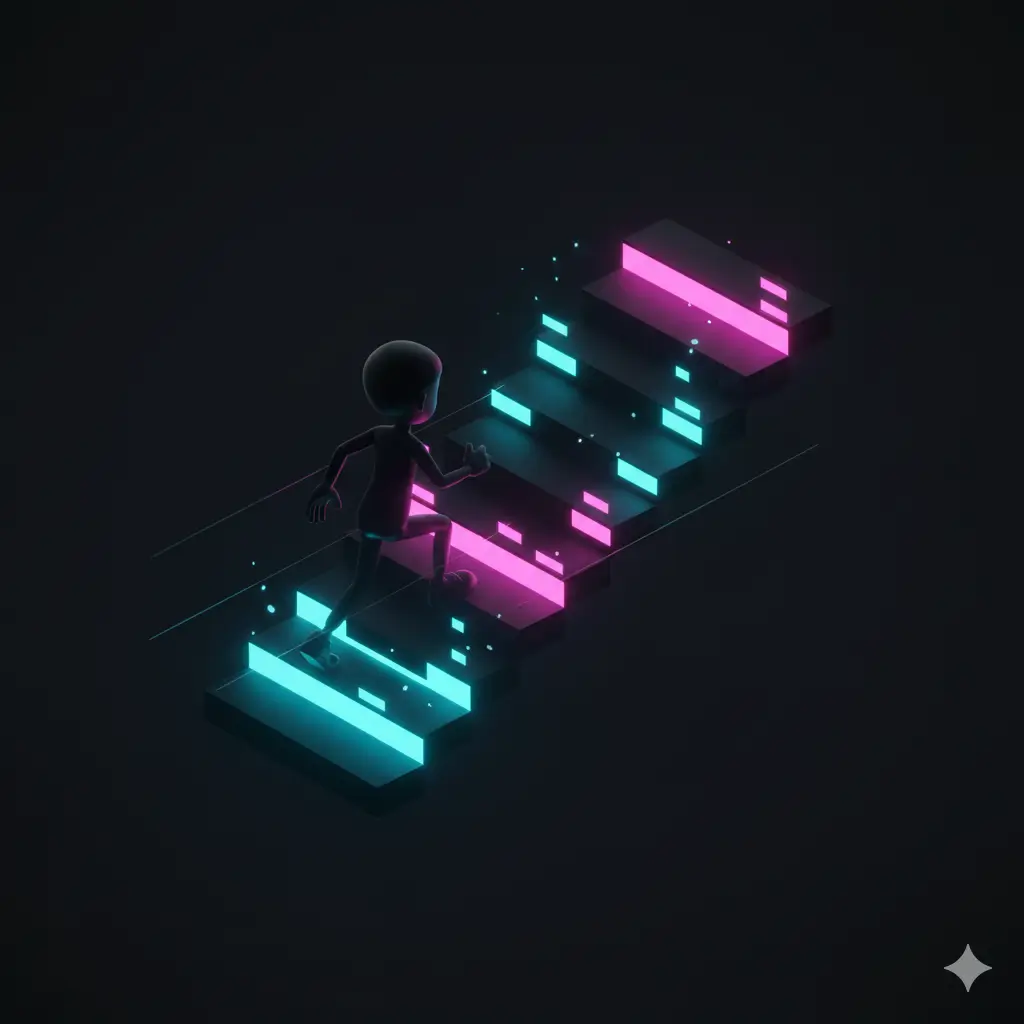 Small stylized figure ascending glowing neon cyan and magenta floating steps in a dark, minimal digital environment