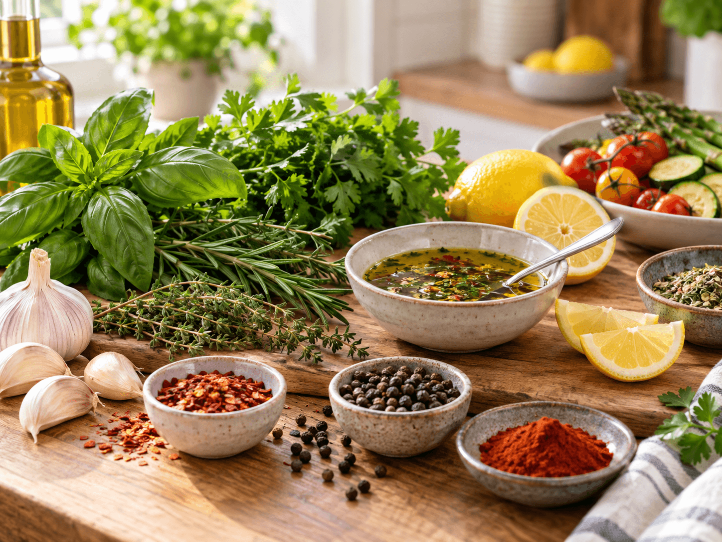 Fresh herbs, spices, garlic, and lemon for flavorful low-sodium cooking