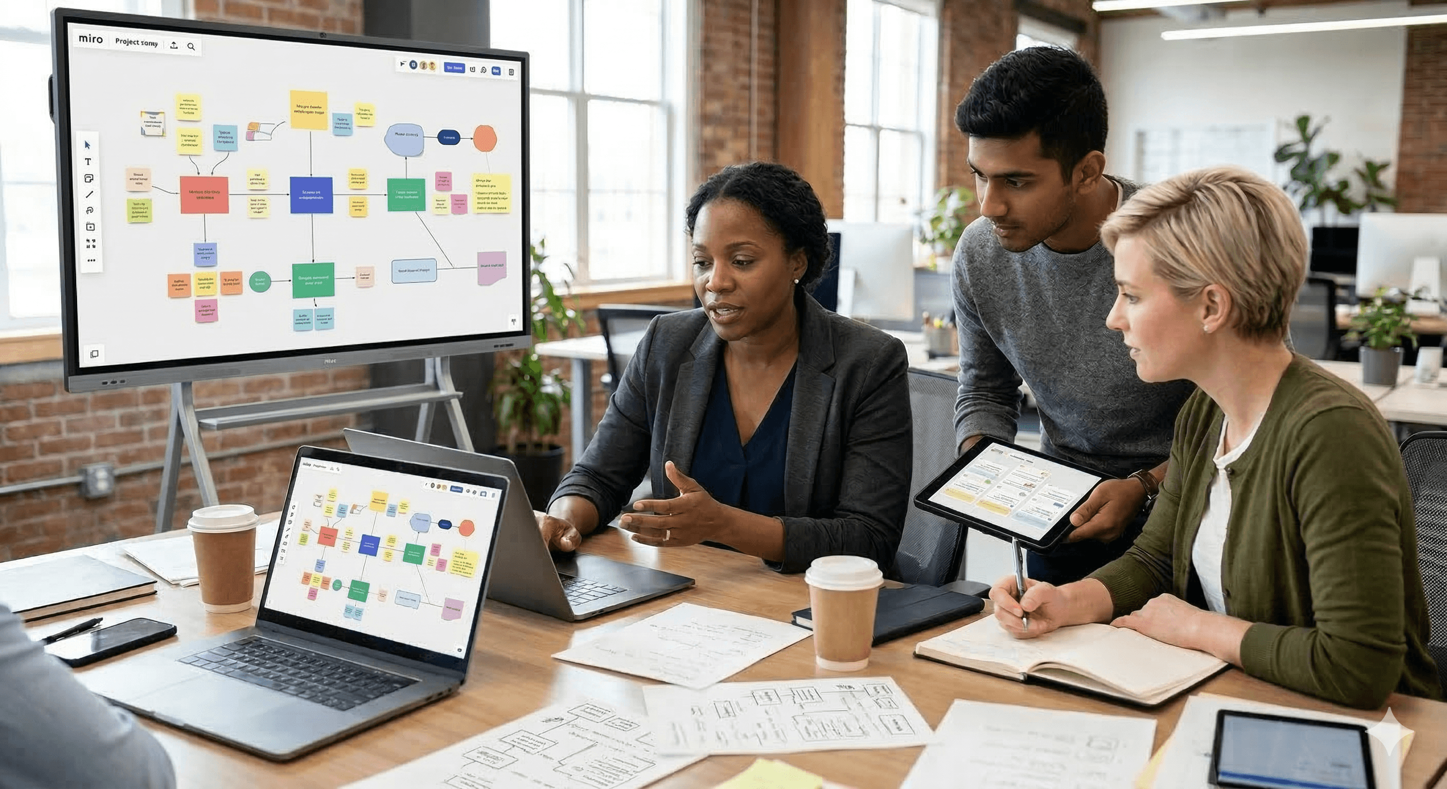 Three professionals collaborate around a table in a modern office, using laptops and a large digital whiteboard displaying a flowchart, symbolizing AI workhubs and underscoring Miro's role in Gartner's 58B shift.