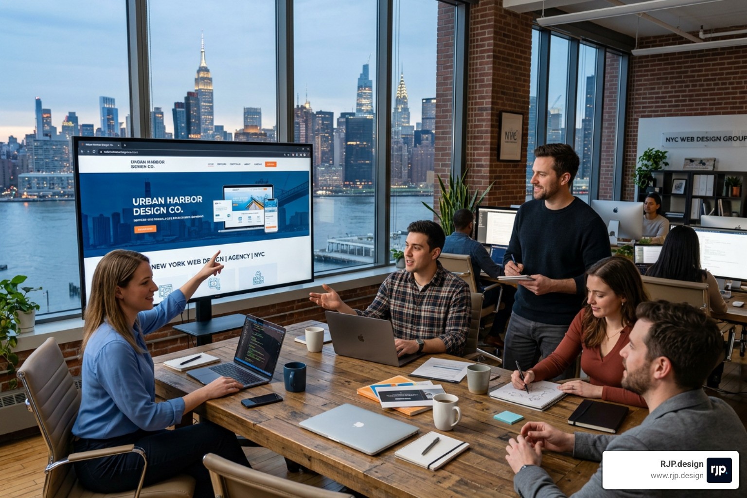 Creative team brainstorming in a Manhattan studio - web design agency in nyc