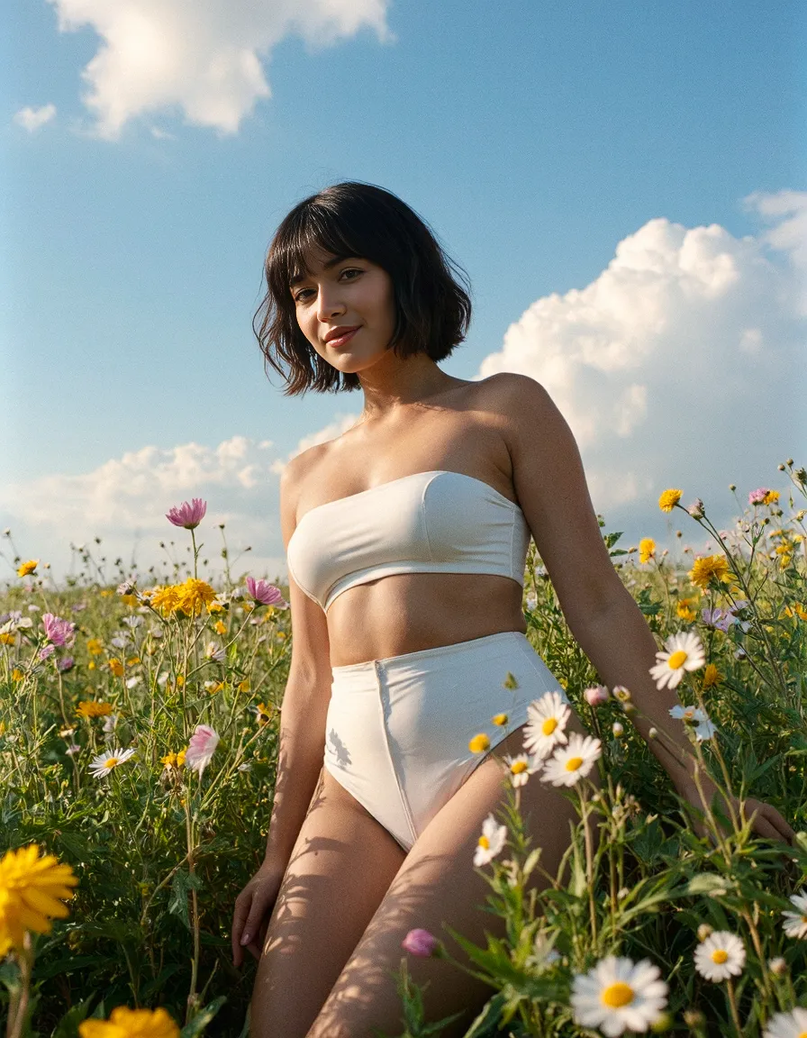 Elegant summer fashion portrait in a blooming wildflower meadow with white two-piece swimwear against bright blue sky