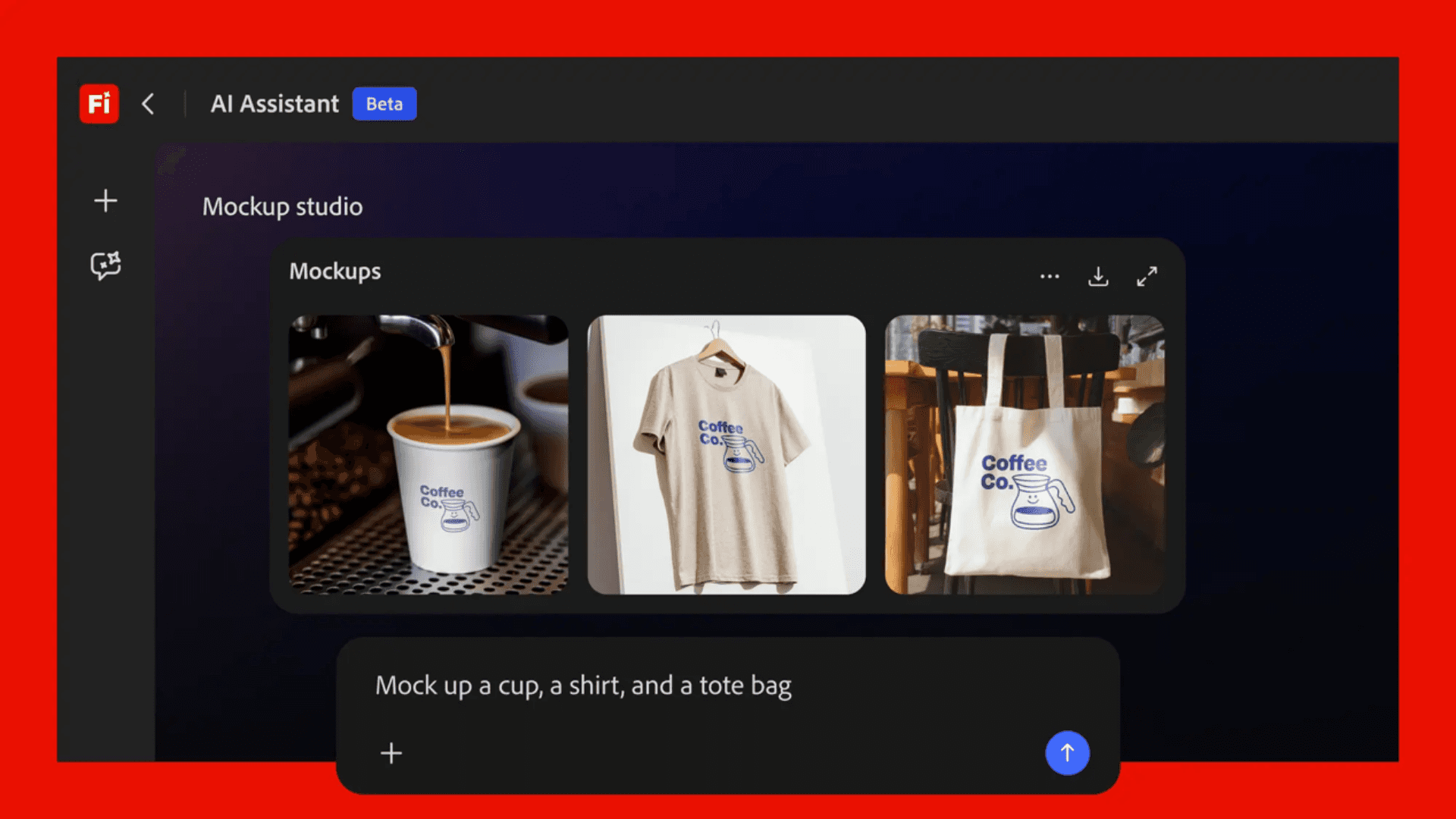 Adobe Firefly mockup studio example: a coffee brand logo applied to a cup, t-shirt, and tote bag