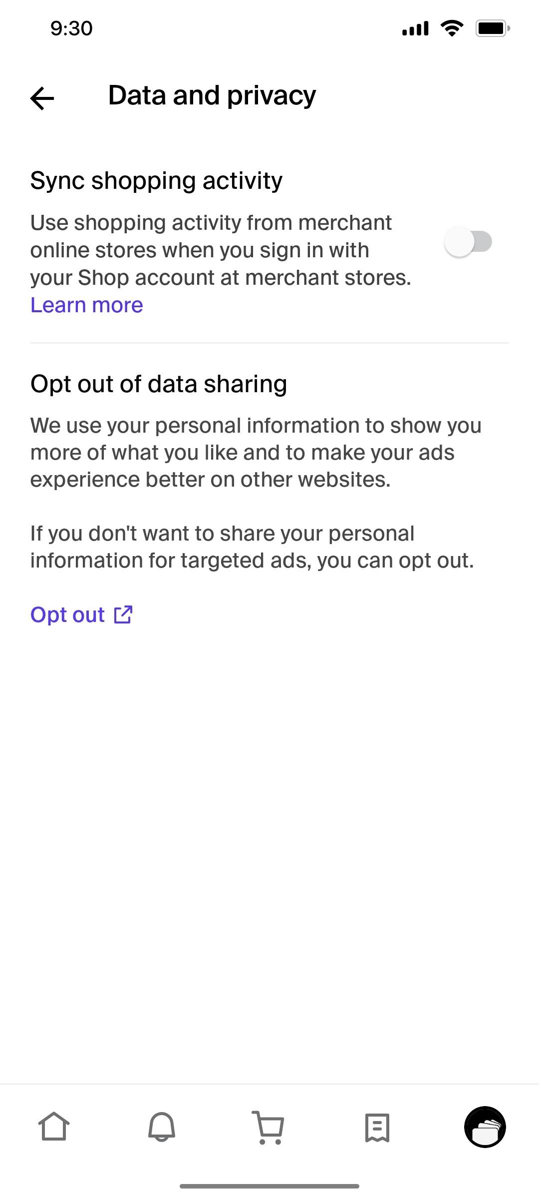 Shop App Data and privecy Screen
