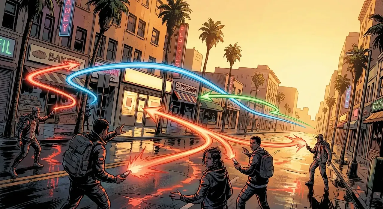 People exchange colorful arrows on a vibrant street. RockN' Socials Digital Marketing Agency.