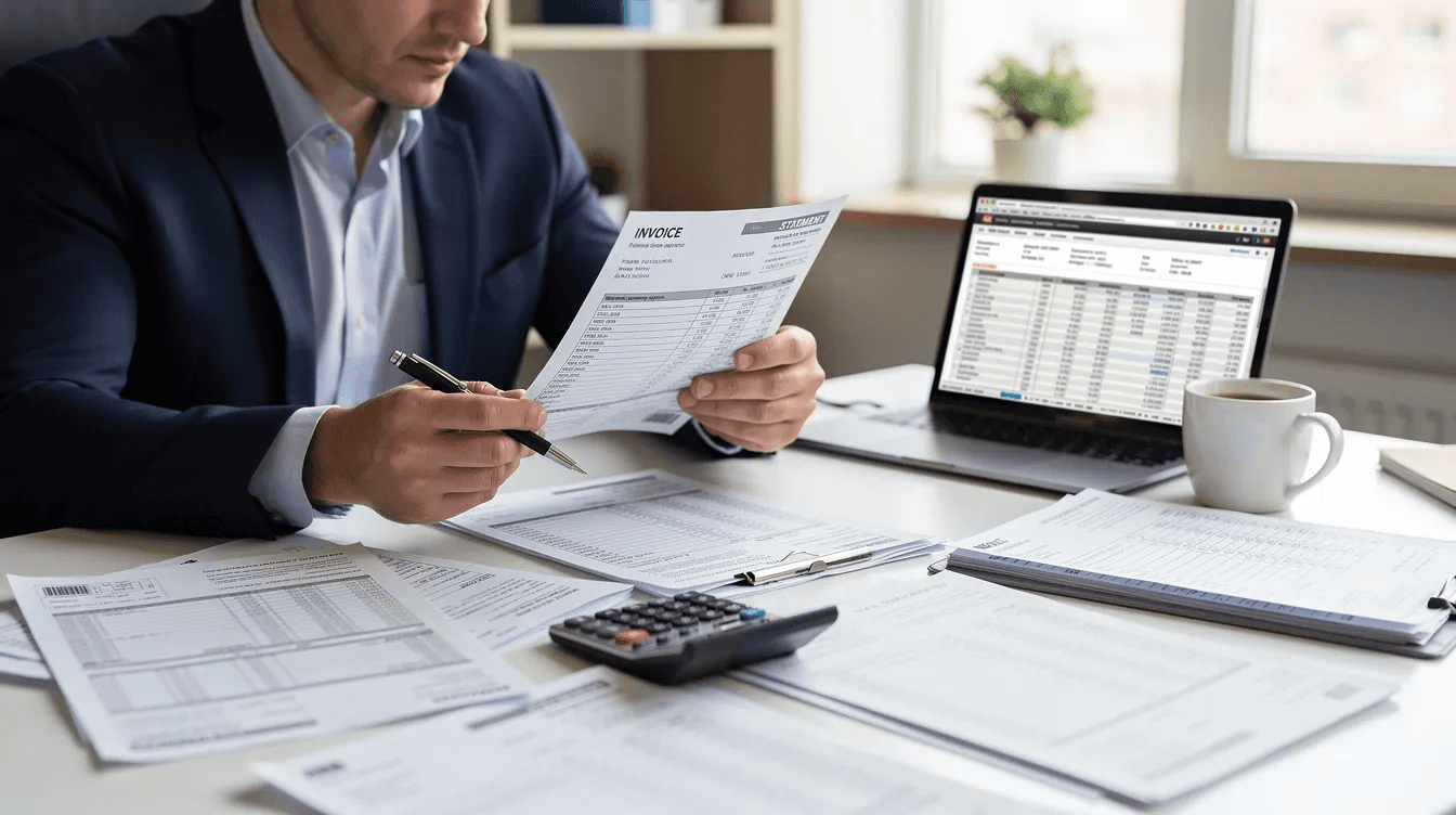 The image shows a person intently comparing various invoices and financial documents spread across a desk, indicating a focus on managing cash flow effectively. This scene highlights the importance of cash flow analysis in ensuring a healthy cash position for a profitable business.