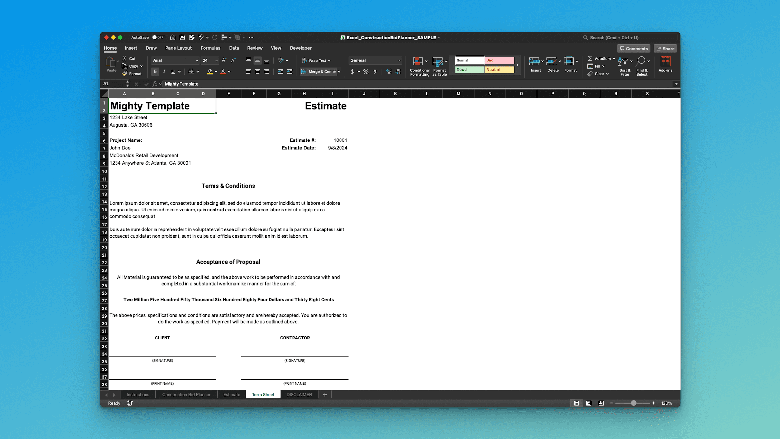 Excel bid proposal acceptance section from Mighty Template construction bid template – terms and conditions, client/contractor signatures, and total amount in professional format
