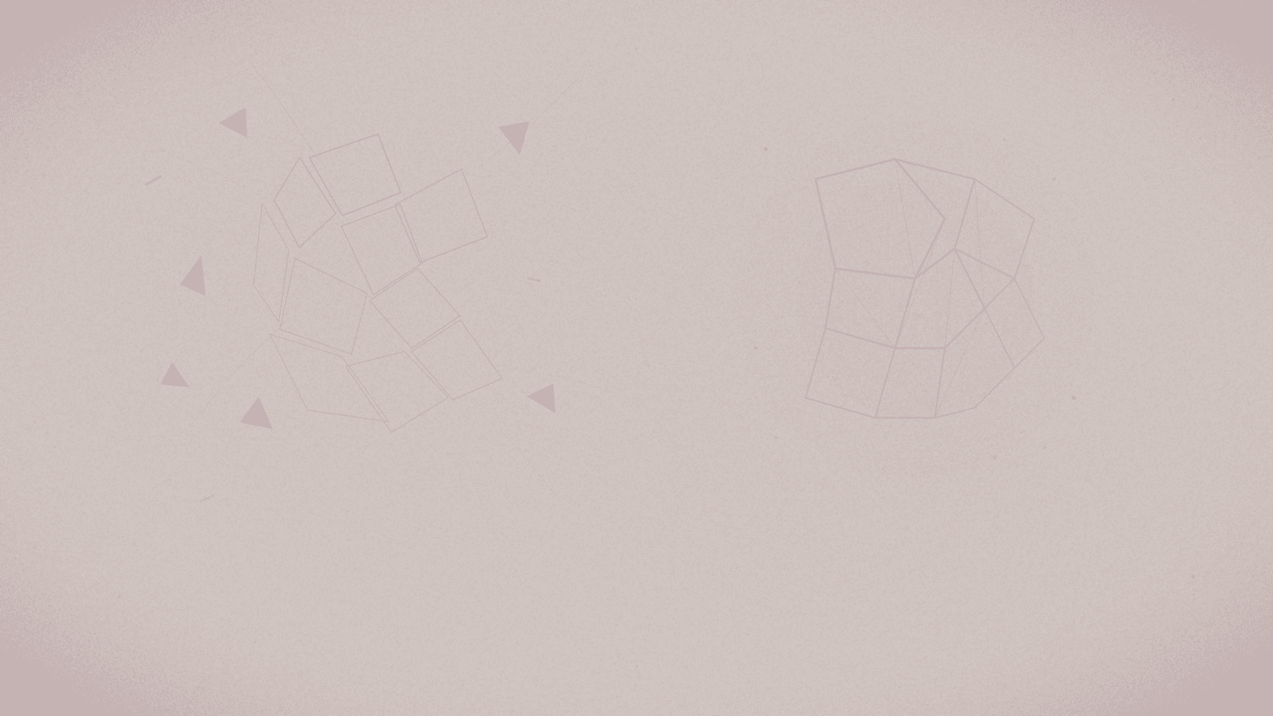 Abstract geometric illustration on a warm dusty mauve background with a radial gradient from soft pinkish-beige center to muted mauve edges. On the left, fragmented deep plum polygon outlines scatter and drift apart like a dissolving chrysalis. On the right, precise warm rose crystalline facets emerge in sharp angular formation. A faint dusty gold dashed line marks the central seam between dissolution and emergence. Subtle plum structural lines, scattered seed dots, and delicate grain texture unify the composition.