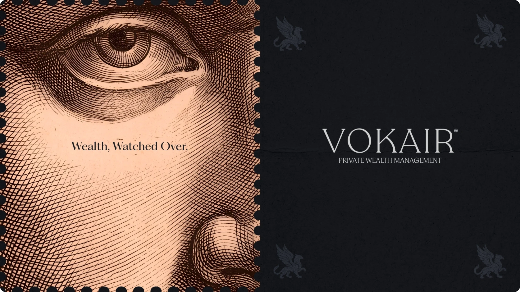 Close-up vintage engraved eye and face beside a dark panel reading “VOKAIR Private Wealth Management” and “Wealth, Watched Over”; refined tone.