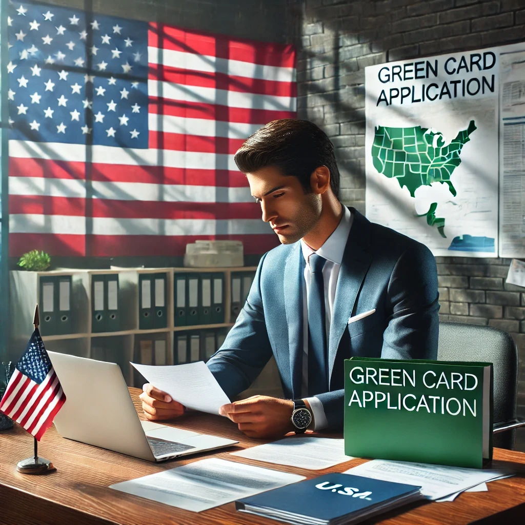 Executive working on green card application at an office, with the U.S. flag visible in the background, representing the transition from L1A visa to permanent residency.