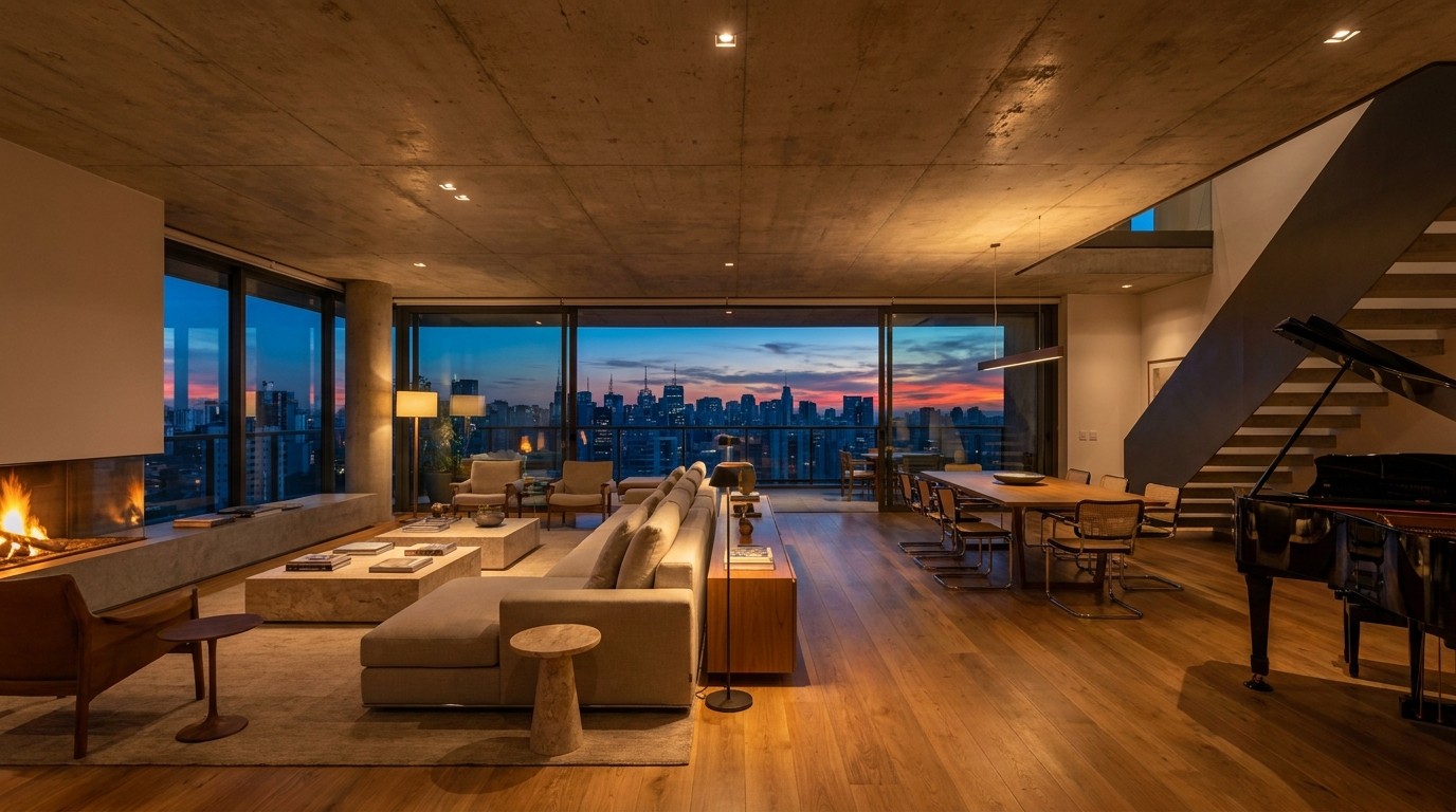 Interior view of a luxury penthouse living area at dusk, featuring raw concrete ceilings, warm wood floors, and floor-to-ceiling windows overlooking the illuminated São Paulo skyline.