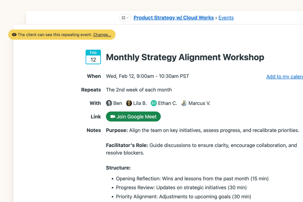 An agenda for a monthly strategy workshop.