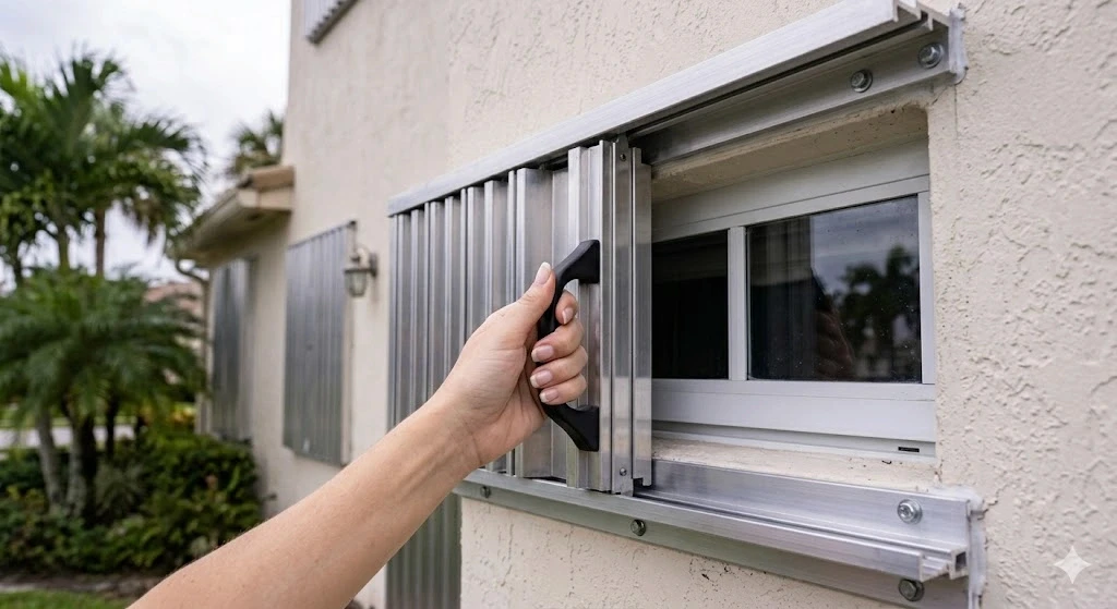 Accordion hurricane shutters installed on a Fort Lauderdale residential property — Planet Construction FL