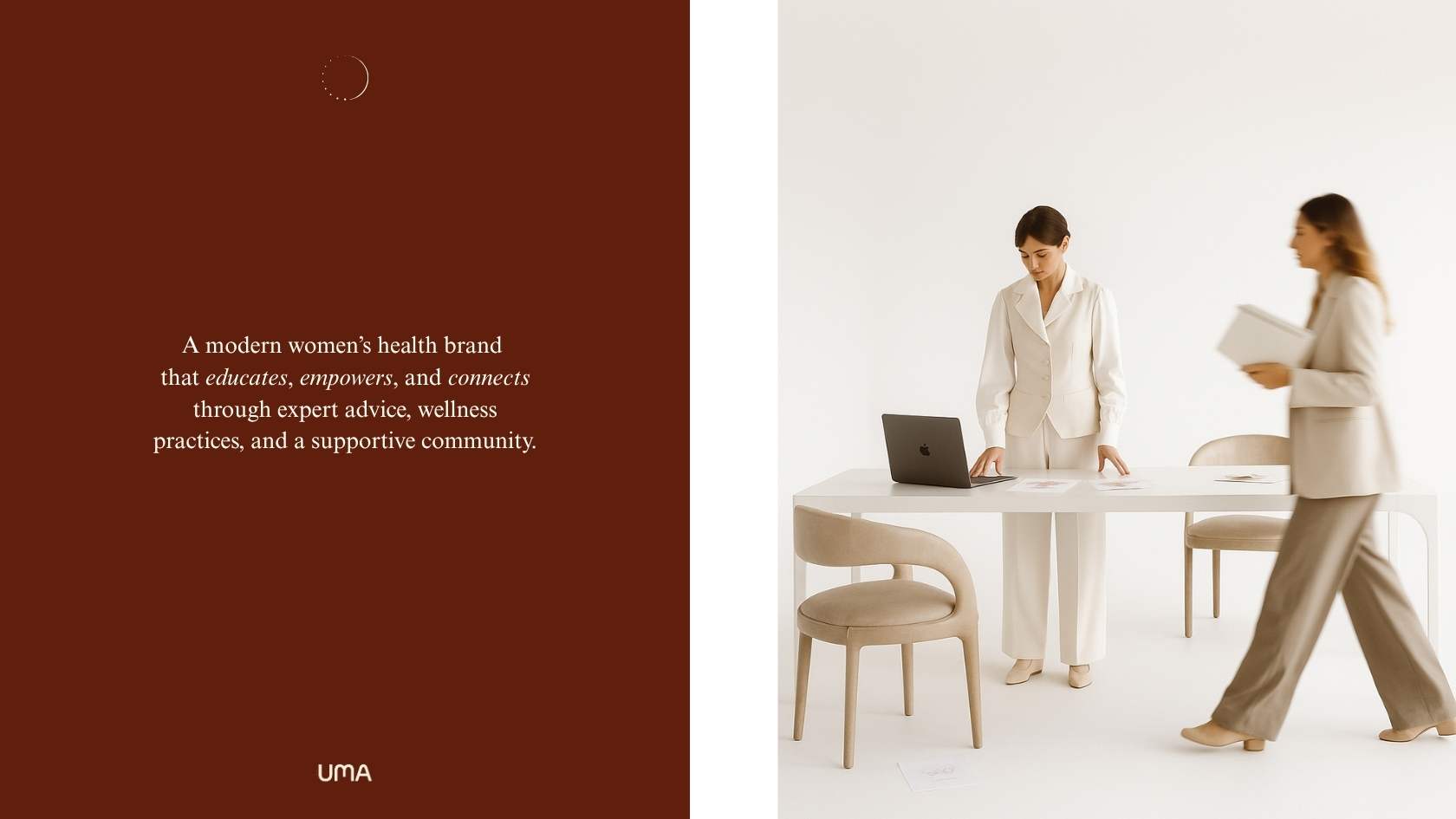 UMA women’s health brand identity design featuring a warm red messaging panel paired with a modern clinical workspace scene of two women collaborating, representing empowerment, medical expertise, and supportive community care.