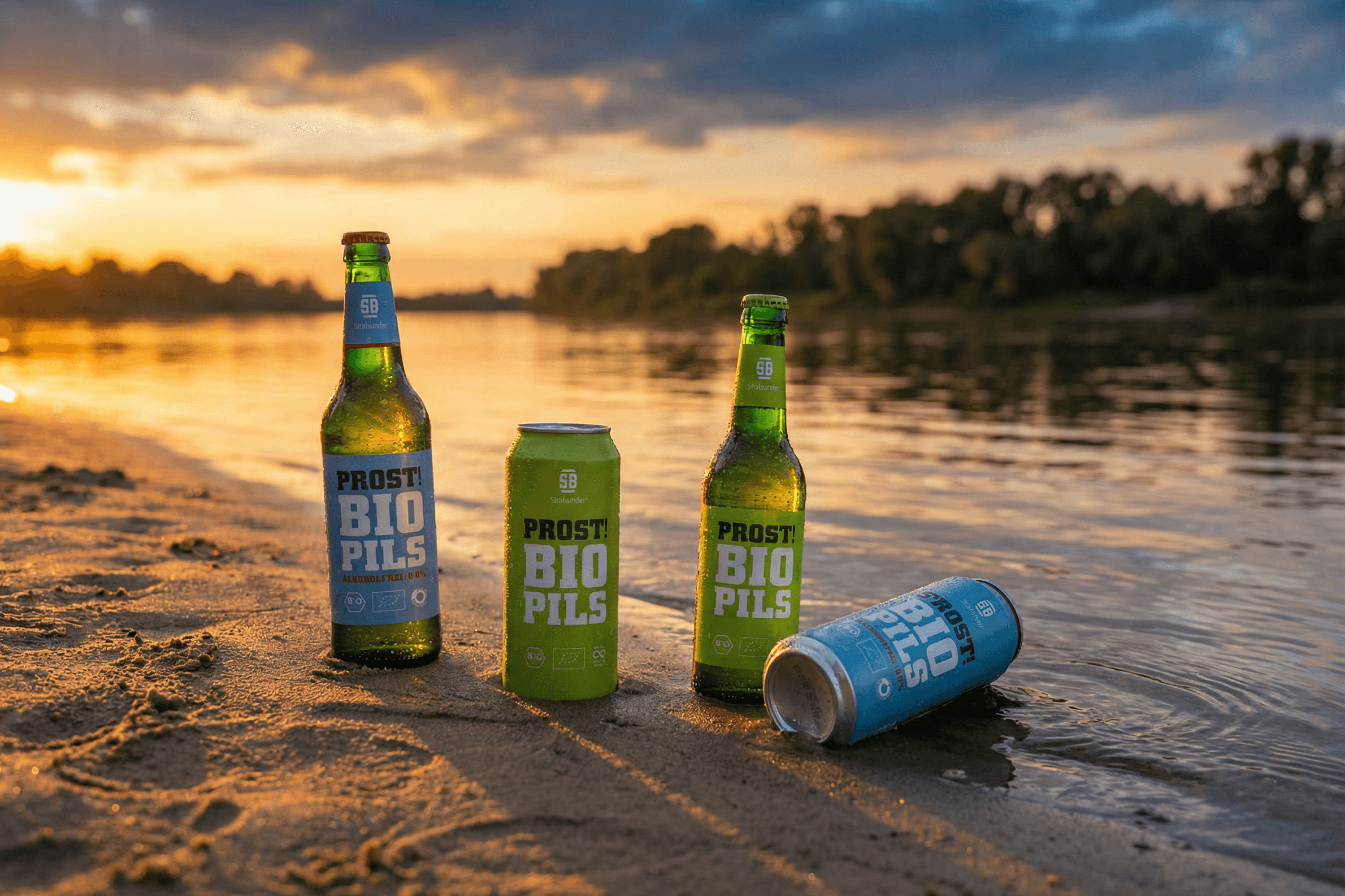Prost! Bio Pils bottles and can on a sandy shore at sunset.