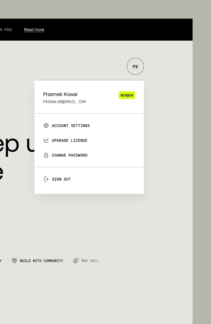 Gentype.io user menu showing account options for Przemek Kowal with a minimalist layout and neon green accents.