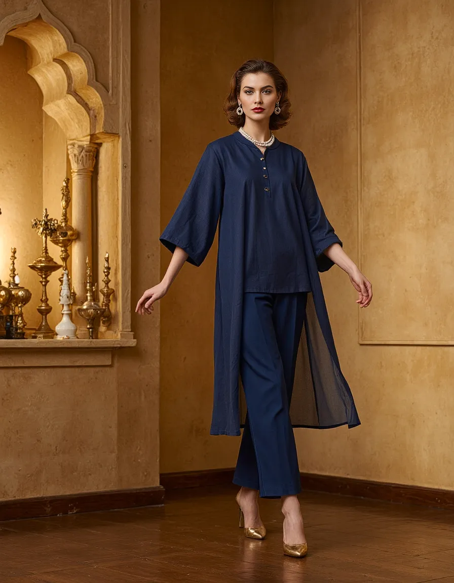 Navy blue ensemble with layered top and pants against golden architectural backdrop, accessorized with pearls and gold heels.